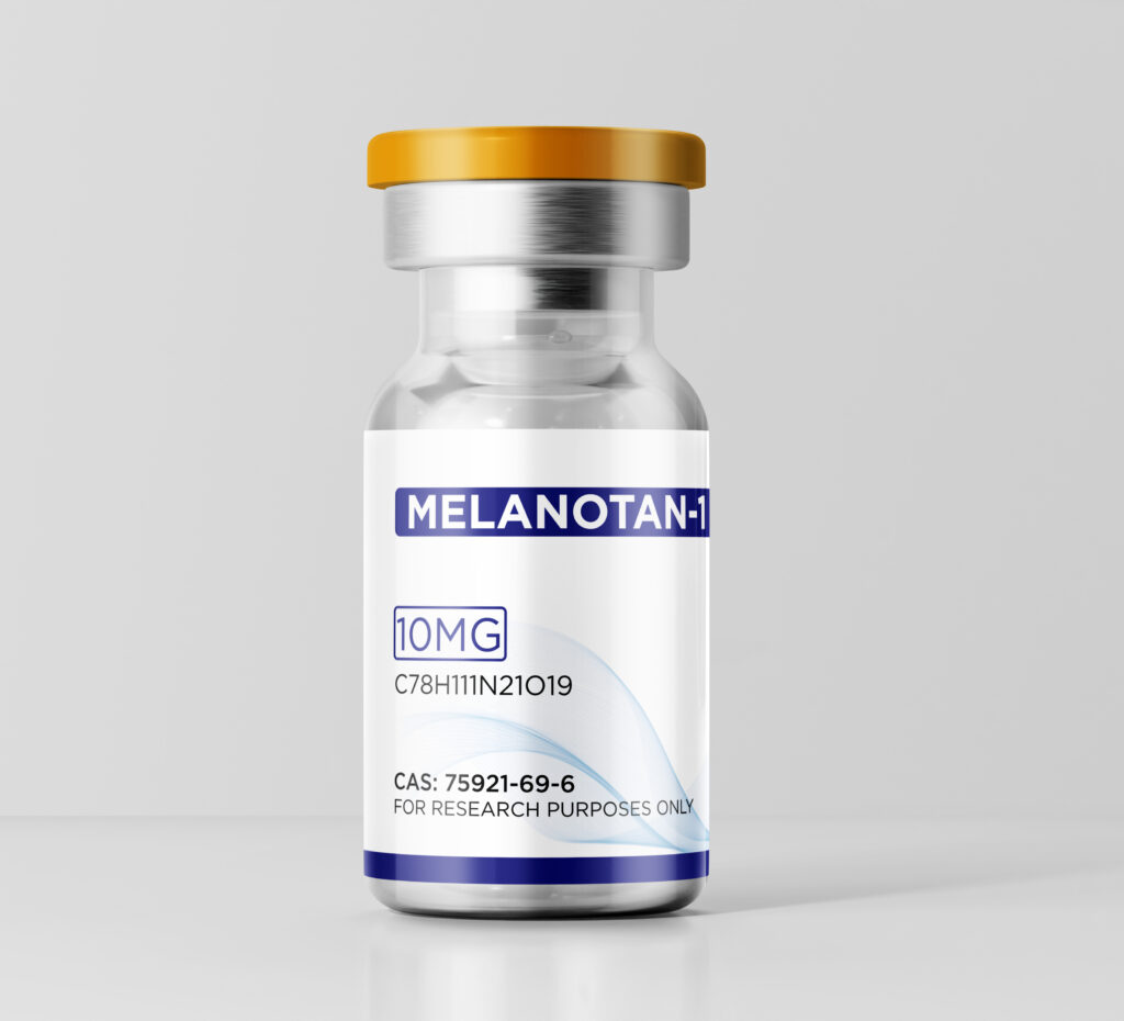 Close-up of a 10mg Melanotan-1 peptide vial showing the clear glass and Yellow flip-top cap