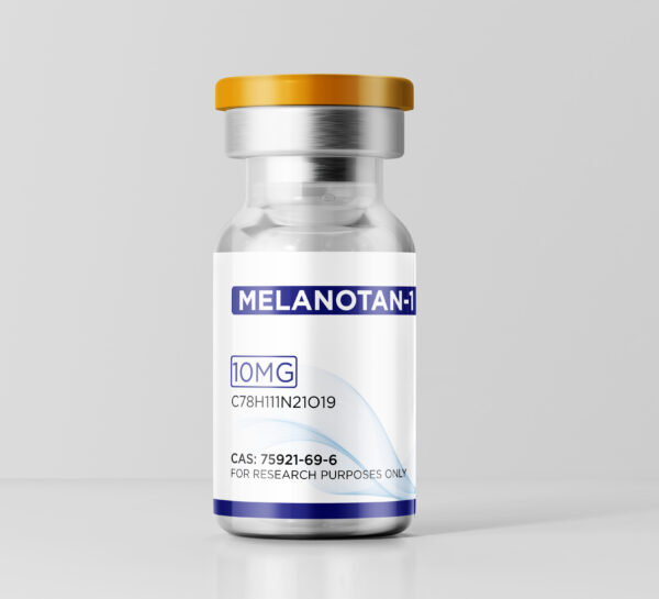 Close-up of a 10mg Melanotan-1 peptide vial showing the clear glass and Yellow flip-top cap