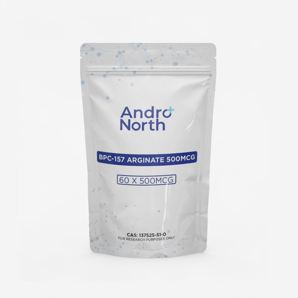 Andro North BPC 157 Arginate 500MCG resealable white pouch containing 60 tablets