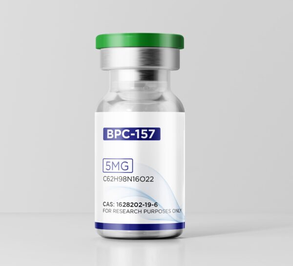 Close-up of a 5mg BPC-157 peptide vial showing the clear glass and green flip-top cap