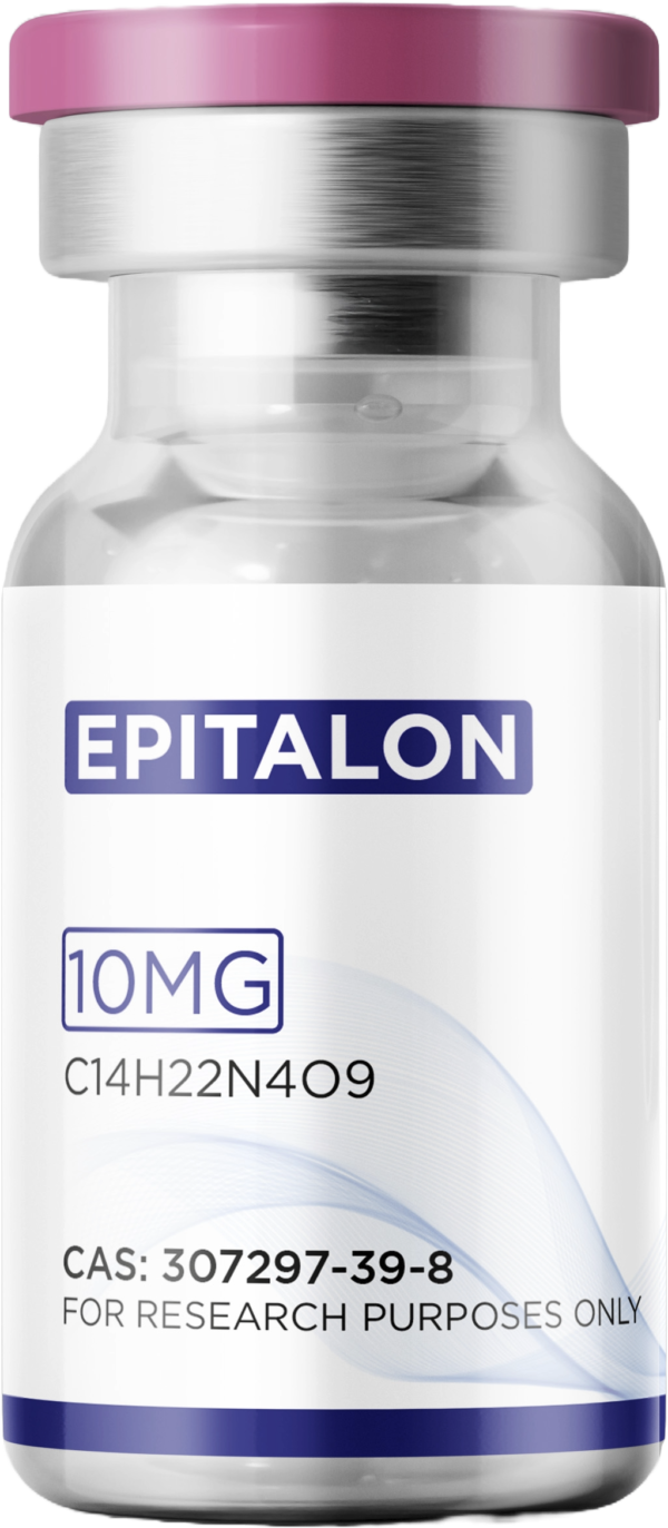 Close-up of a 10mg Epitalon peptide vial showing the clear glass and pink flip-top cap