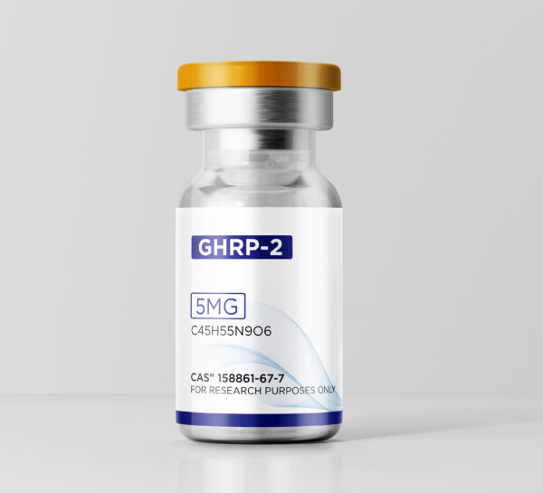 Close-up of a 5mg GHRP-2 peptide vial showing the clear glass and Yellow flip-top cap