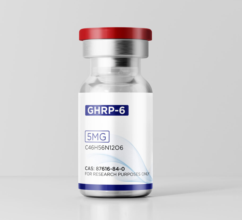 Close-up of a 5mg GHRP-6 peptide vial showing the clear glass and Red flip-top cap