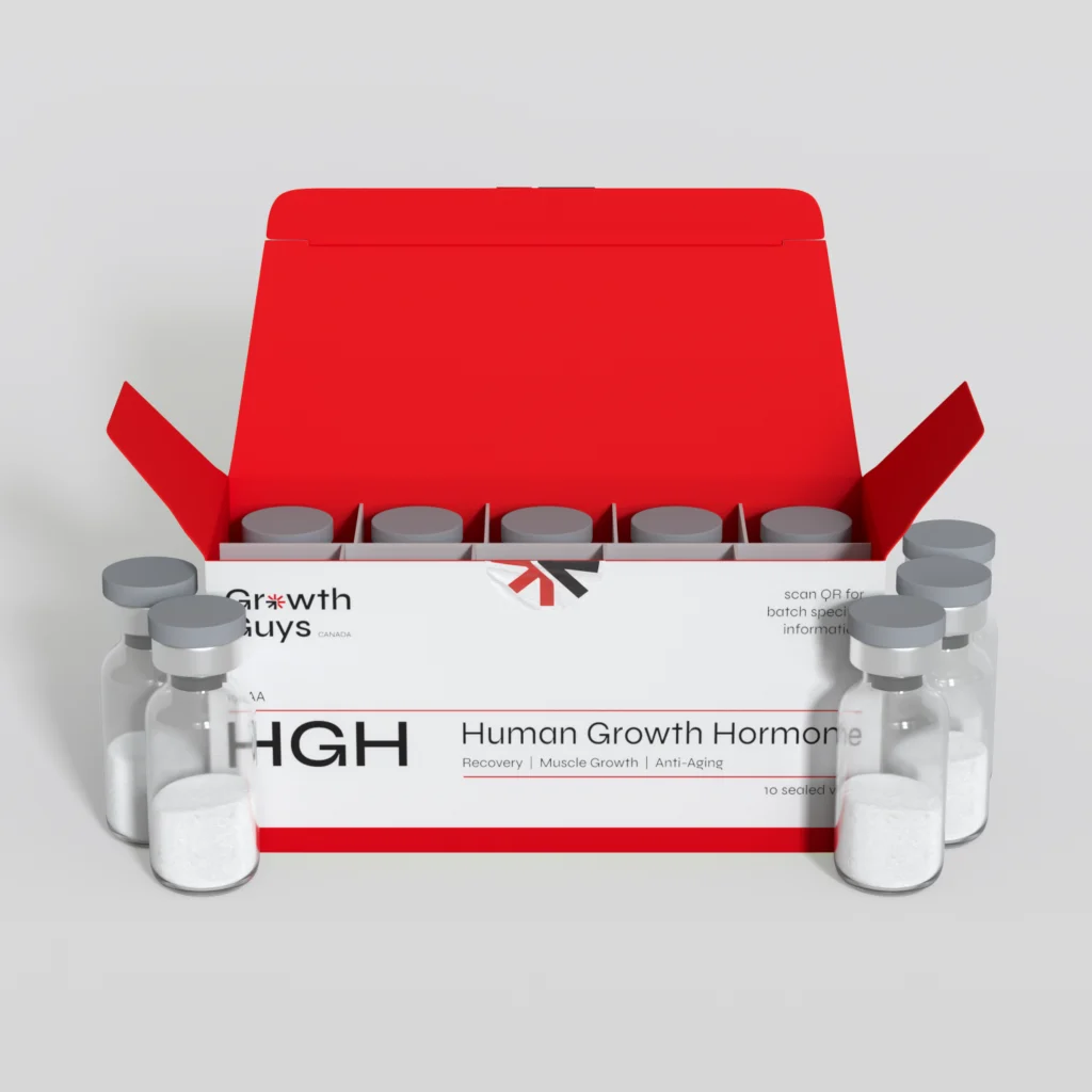 Growth Guys HGH Batch GGC35 270IU kit featuring multiple white-capped vials and open red display box