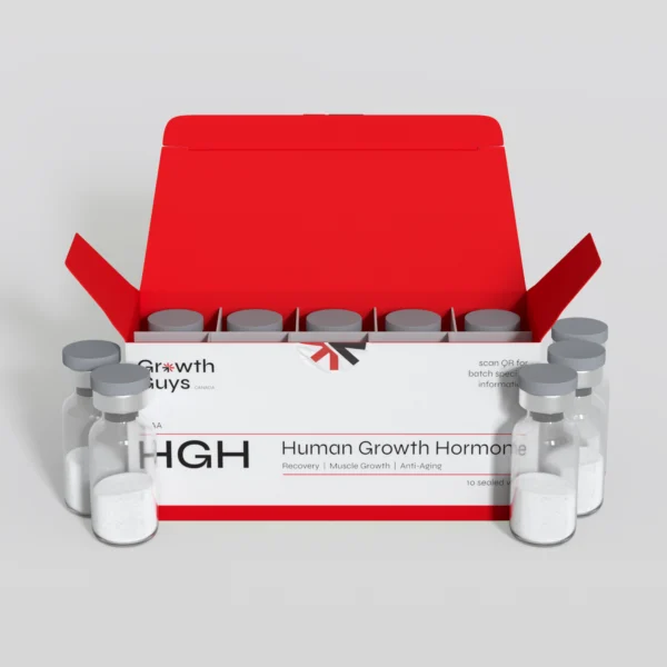 Growth Guys HGH Batch GGC35 270IU kit featuring multiple white-capped vials and open red display box