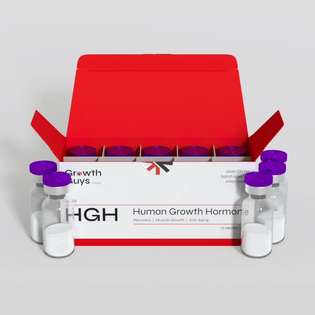 Growth Guys HGH Batch GGC36 420IU kit featuring multiple white-capped vials and open red display box