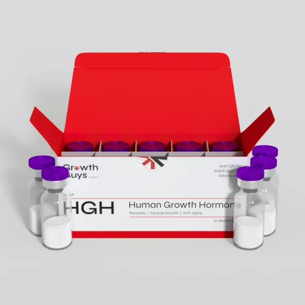 Growth Guys HGH Batch GGC36 420IU kit featuring multiple white-capped vials and open red display box
