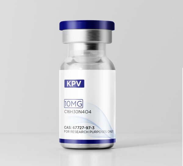Close-up of a 10mg KPV peptide vial showing the clear glass and Blue flip-top cap