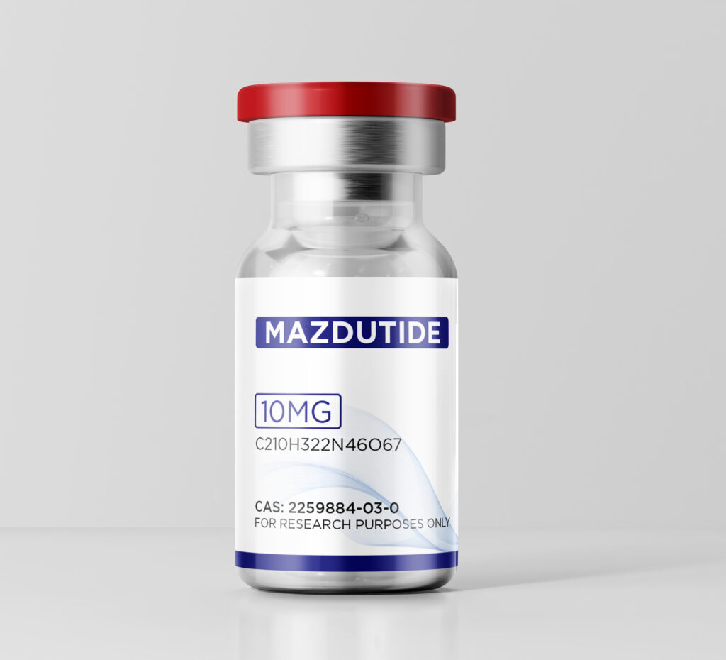 Close-up of a 10mg Mazdutide peptide vial showing the clear glass and Red flip-top cap