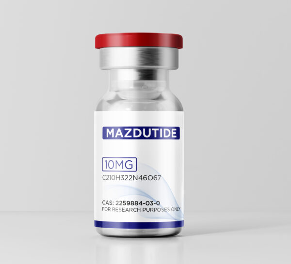 Close-up of a 10mg Mazdutide peptide vial showing the clear glass and Red flip-top cap
