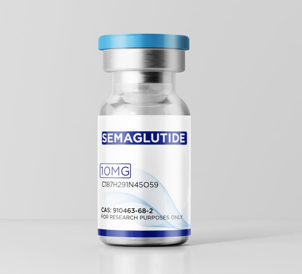 Close-up of a 10mg Semaglutide peptide vial showing the clear glass and Light Blue flip-top cap