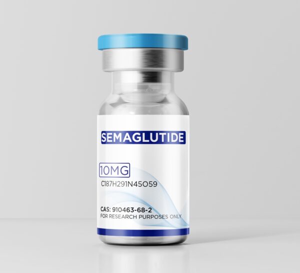 Close-up of a 10mg Semaglutide peptide vial showing the clear glass and Light Blue flip-top cap