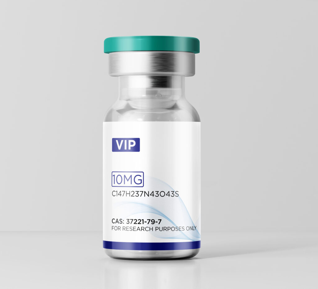 Close-up of a 10mg VIP peptide vial showing the clear glass and Green flip-top cap